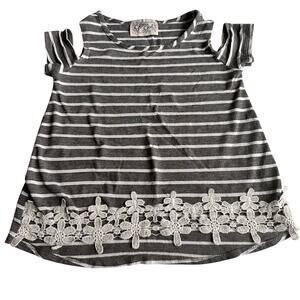 Glitter Girl Grey Striped Cold Shoulder Top - Size 7/8